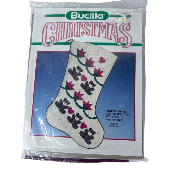 Bucilla Folk Art Bears Quilted Christmas Stocking Kit Appliqué 18” 82516 Teddy - Picture 3 of 4